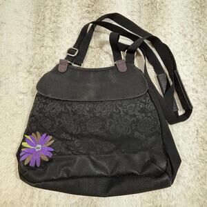 Haiku Black Crossbody Bag Floral Appliqué Adjustable Strap Purse